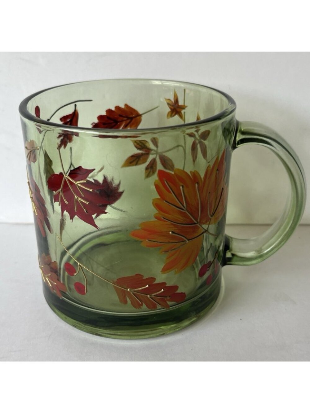 Green Glass Mug Hand Painted Fall Leaves Autumn Floral Coffee Tea Cup 16 Oz